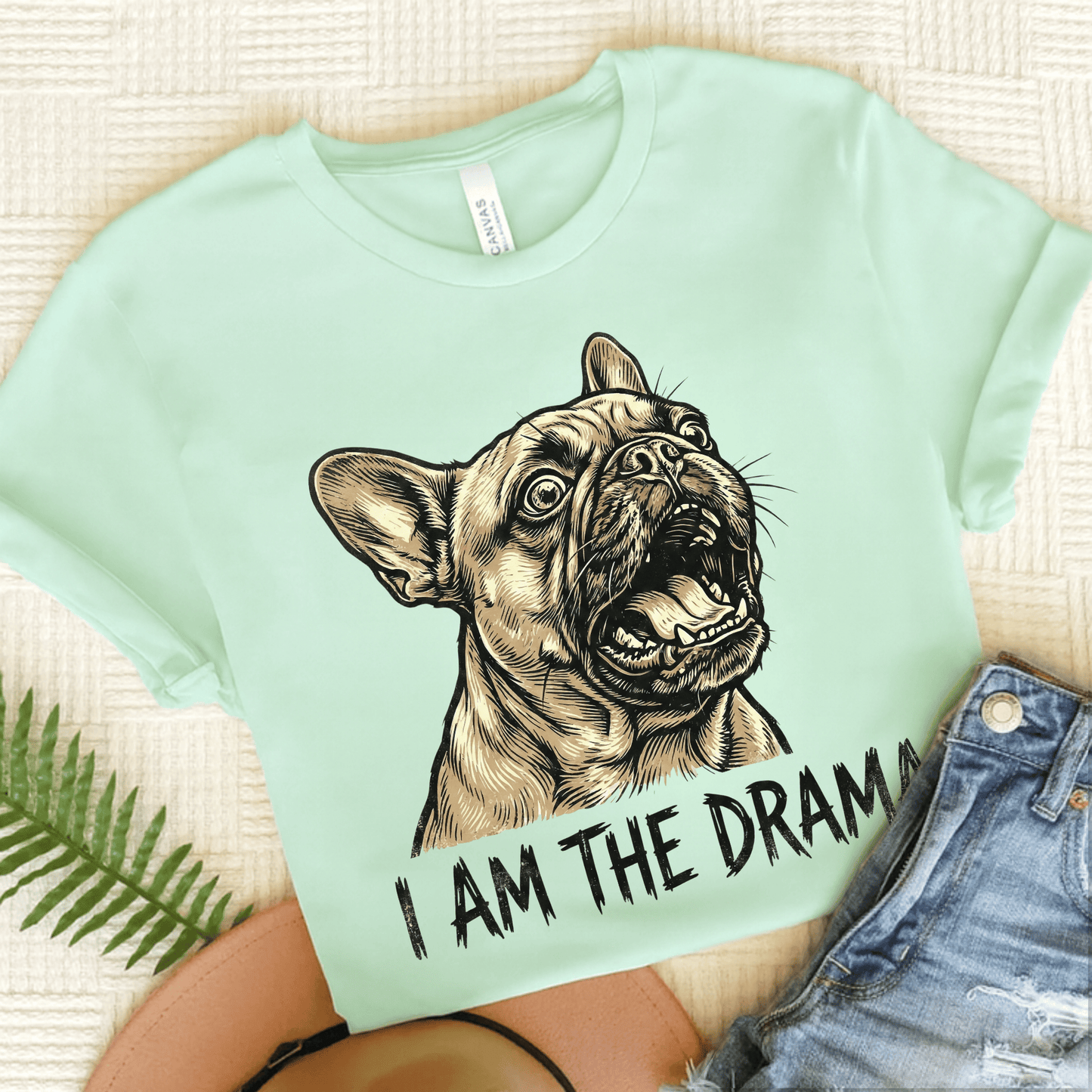 Fawn French Bulldog Dramatic Unisex TShirt Heather Mint
