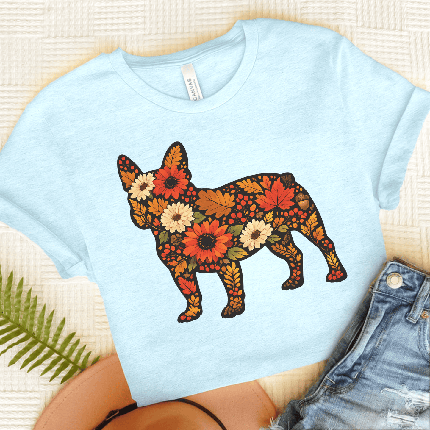 French Bulldog Fall Floral Silhouette Unisex TShirt Heather Ice Blue
