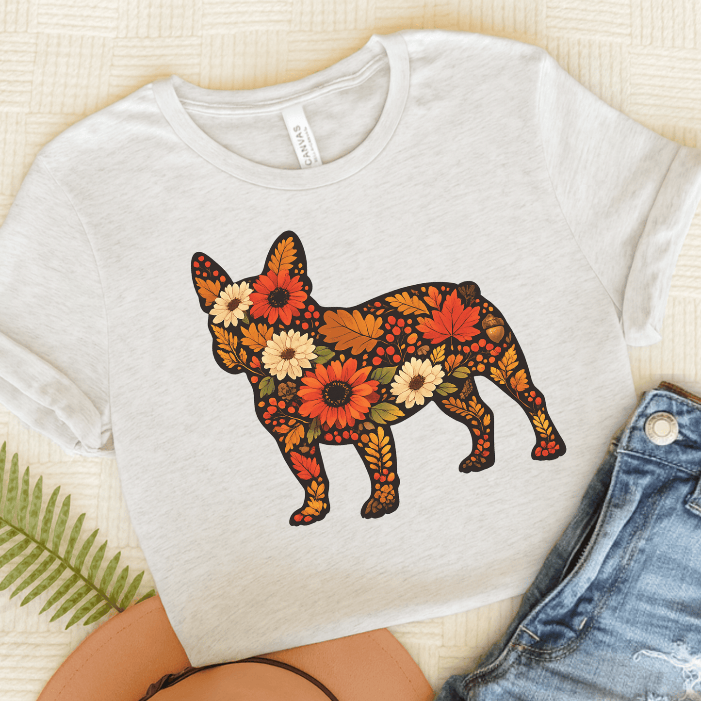 French Bulldog Fall Floral Silhouette Unisex TShirt Ash