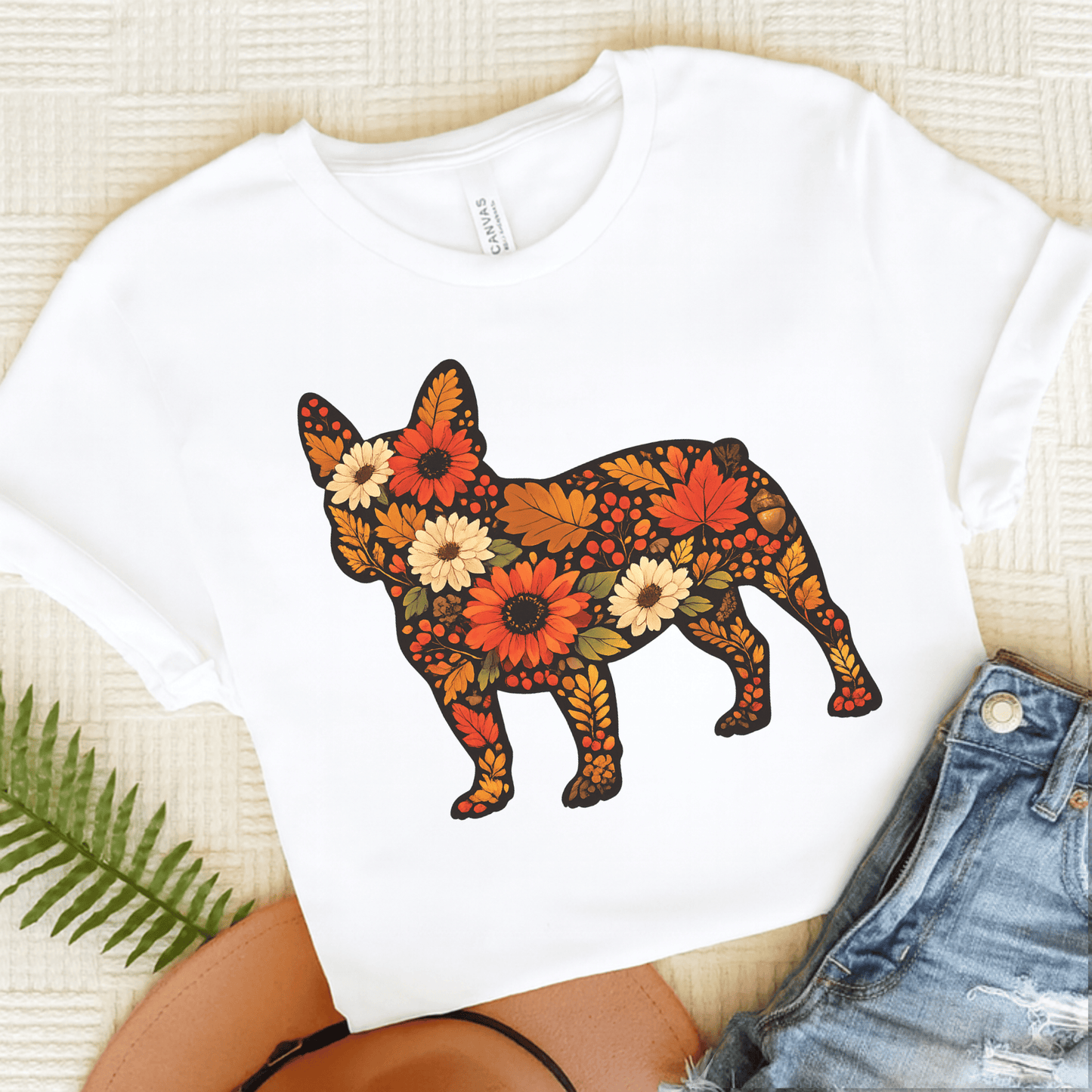 French Bulldog Fall Floral Silhouette Unisex TShirt White