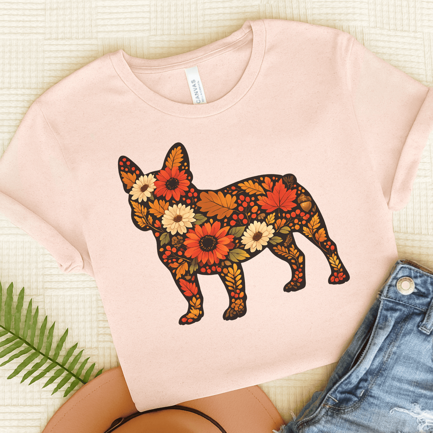 French Bulldog Fall Floral Silhouette Unisex TShirt Soft Pink