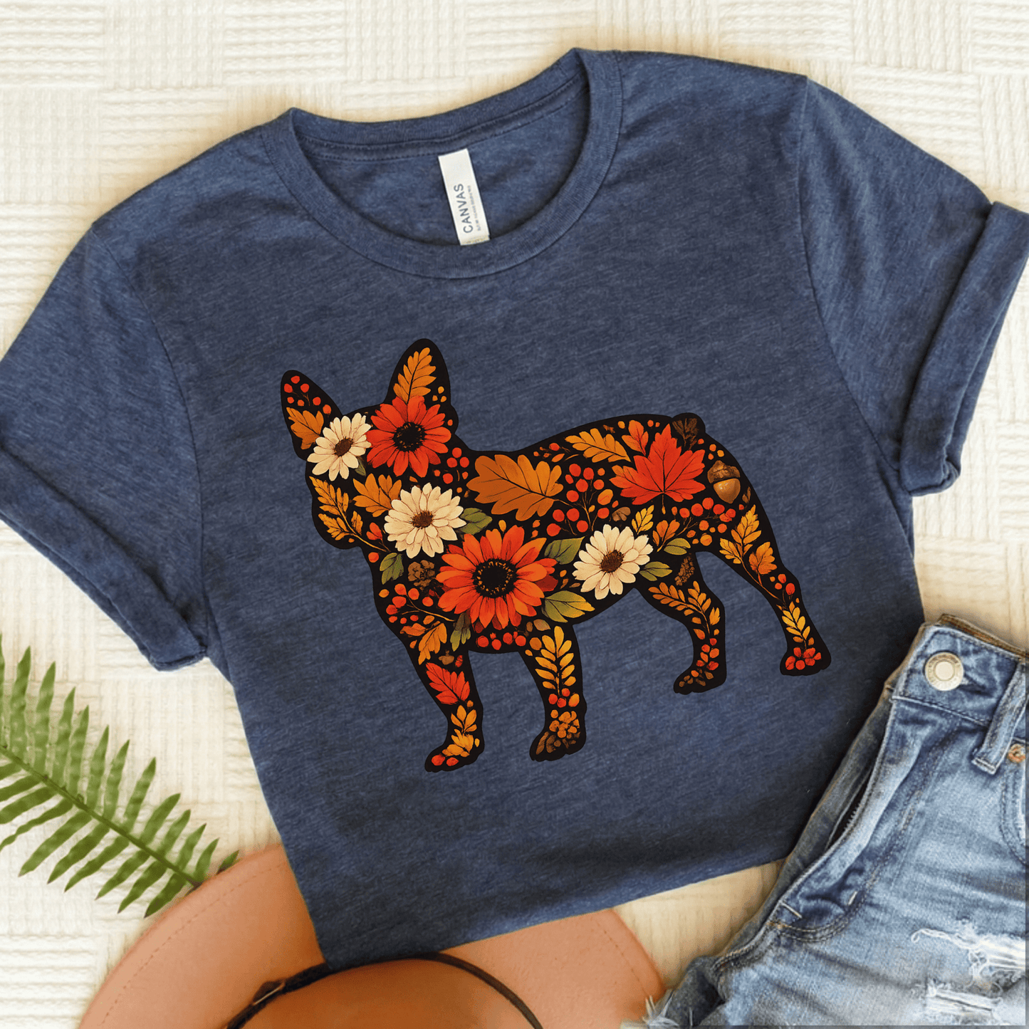 French Bulldog Fall Floral Silhouette Unisex TShirt Heather Navy