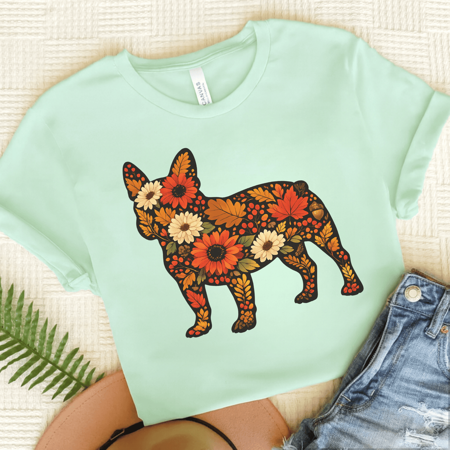 French Bulldog Fall Floral Silhouette Unisex TShirt Heather Mint