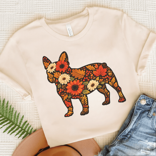 French Bulldog Fall Floral Silhouette Unisex TShirt Natural