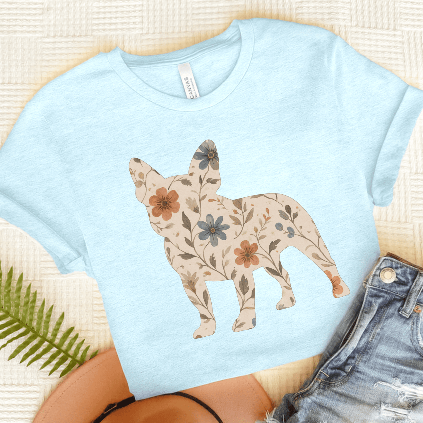 Printify T-Shirt Heather Ice Blue / S French Bulldog Floral Silhouette TShirt