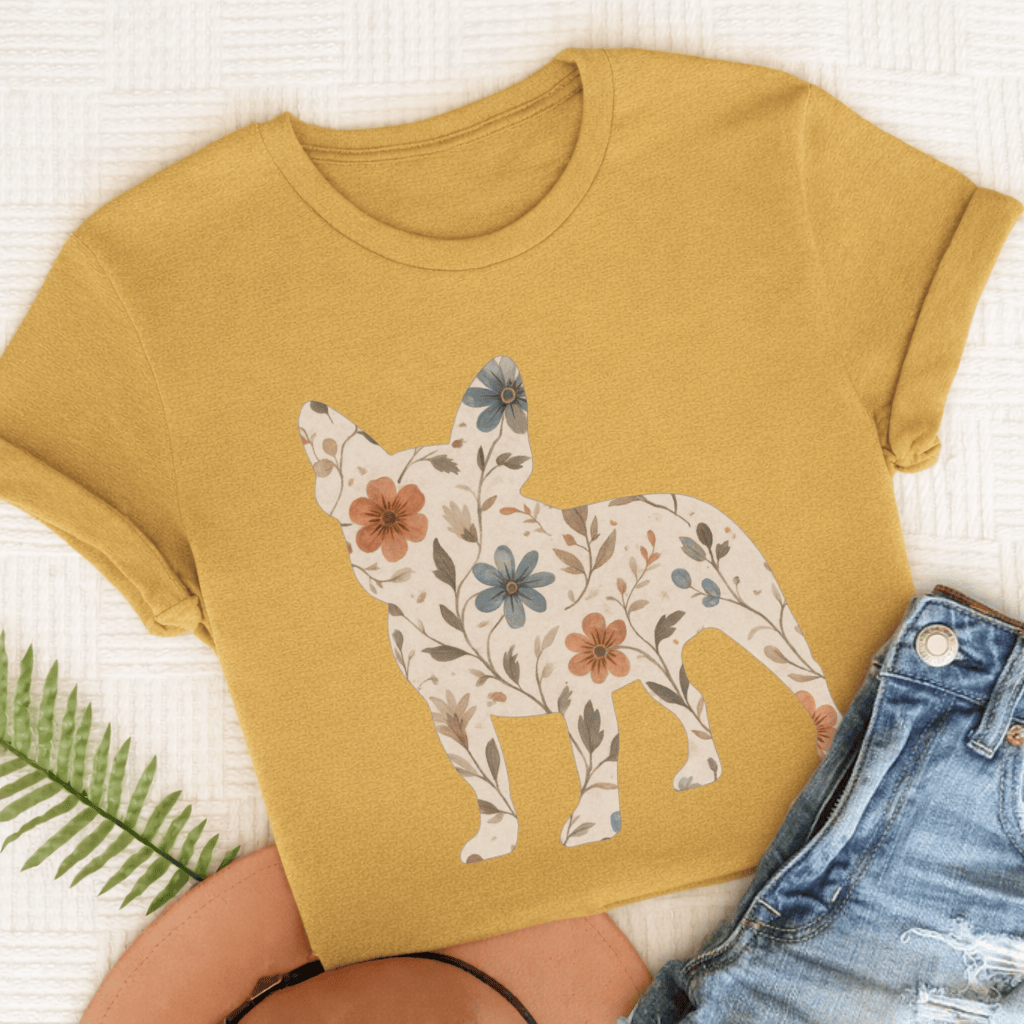 French Bulldog Floral Silhouette Unisex TShirt Mustard