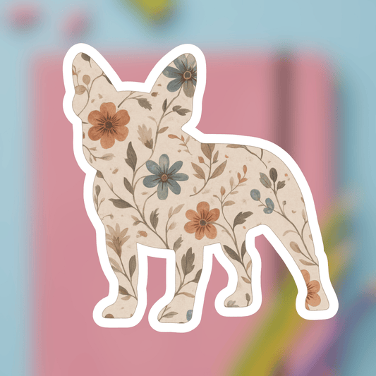 French Bulldog Floral Sillhouette Sticker 3" × 3" White