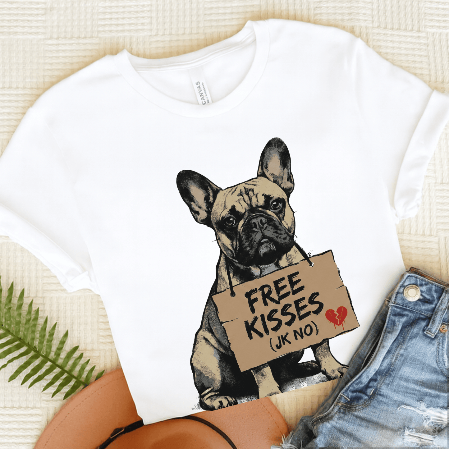Fawn French Bulldog Free Kisses Unisex TShirt White