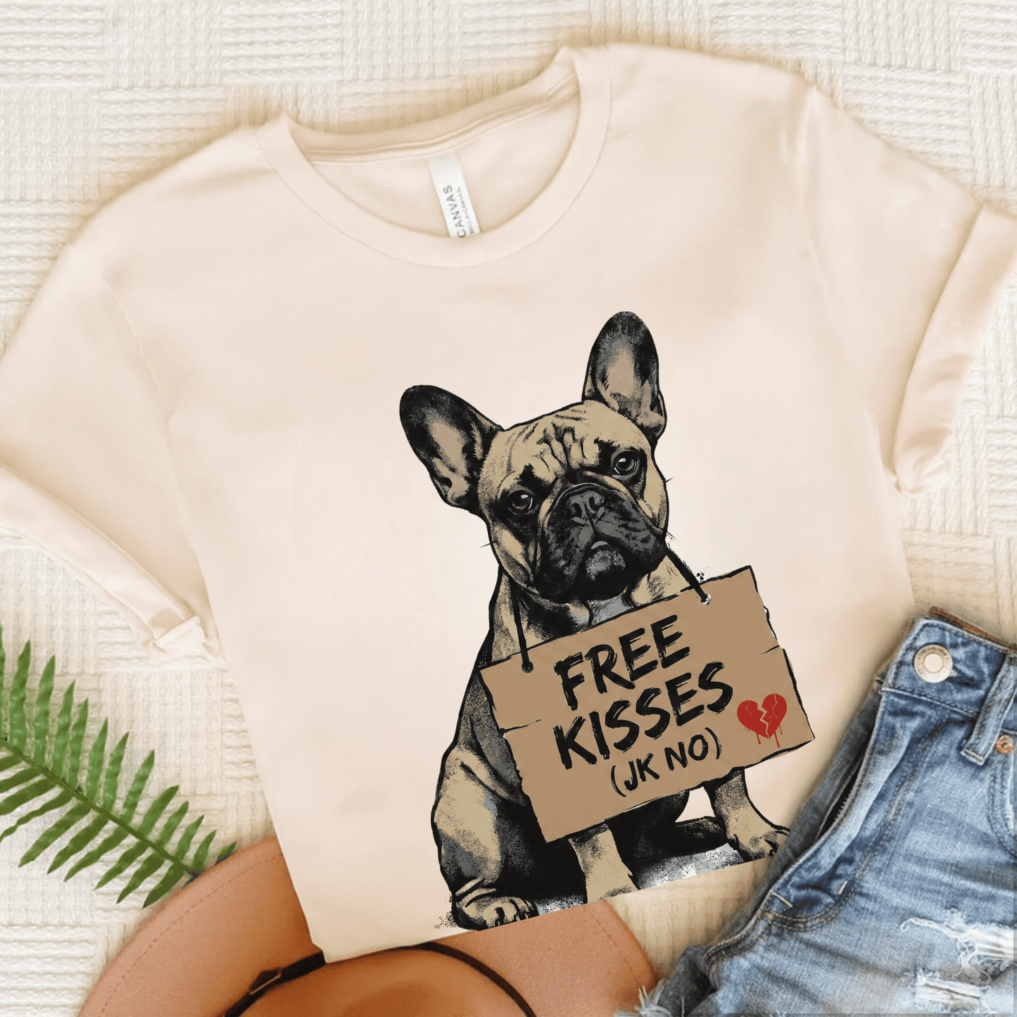 Fawn French Bulldog Free Kisses Unisex TShirt Natural