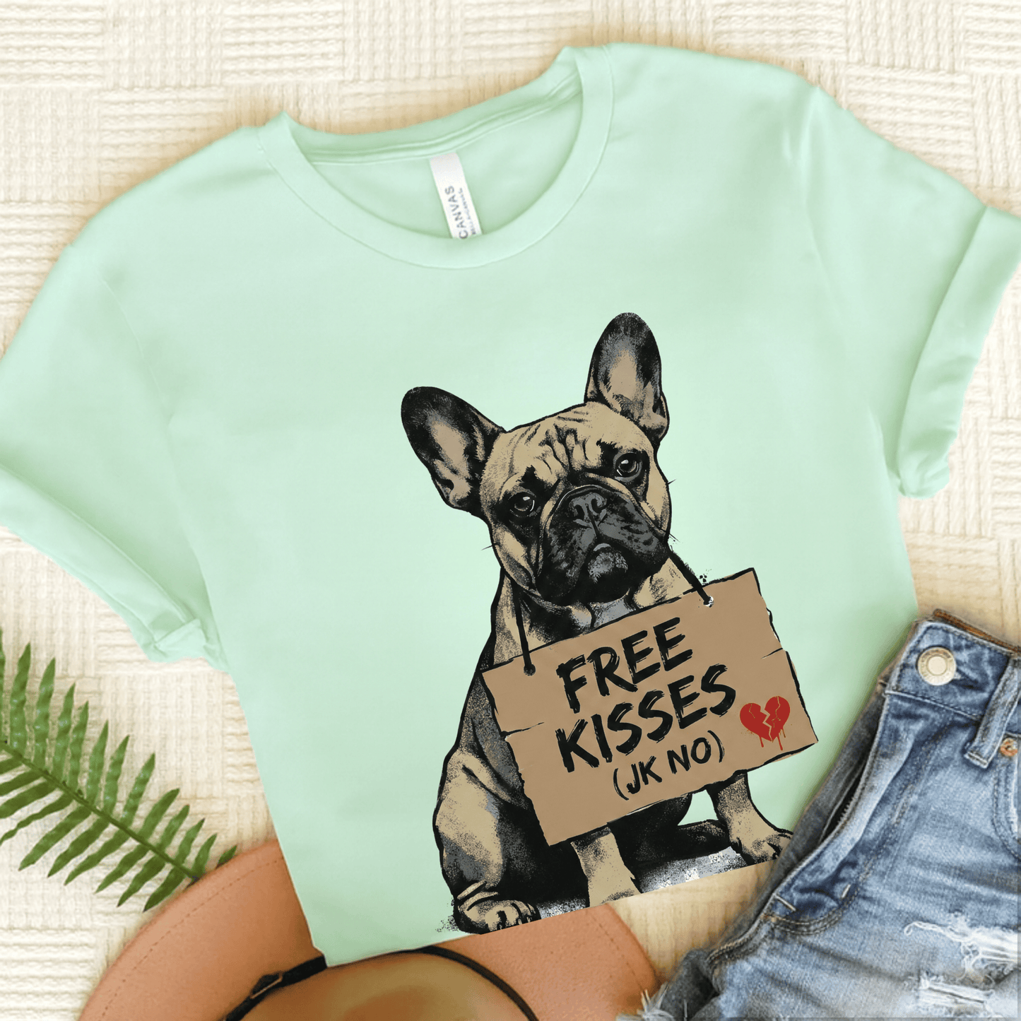 Fawn French Bulldog Free Kisses Unisex TShirt Heather Mint