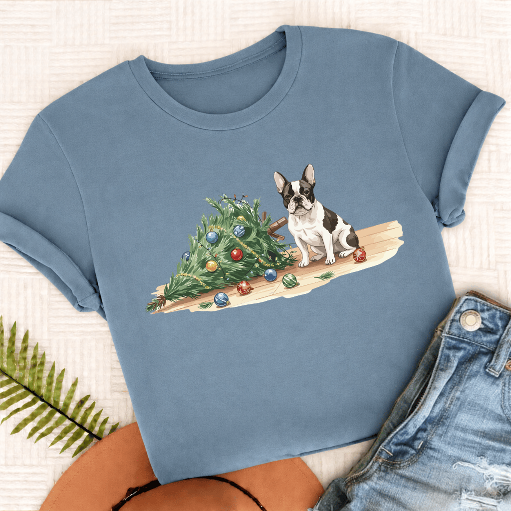 French Bulldog Funny Christmas Tree Unisex Tshirt Ice Blue