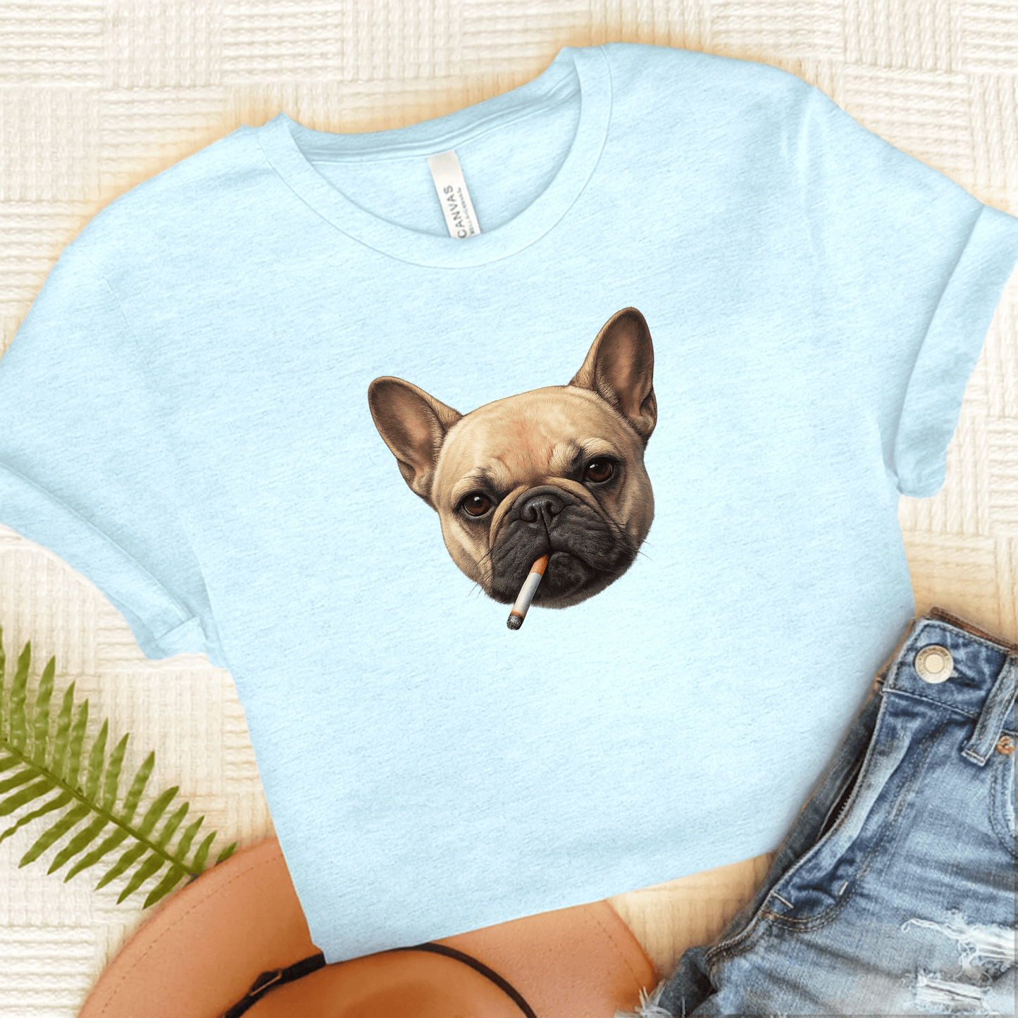 French Bulldog Funny Smoking Unisex TShirt Heather Ice Blue