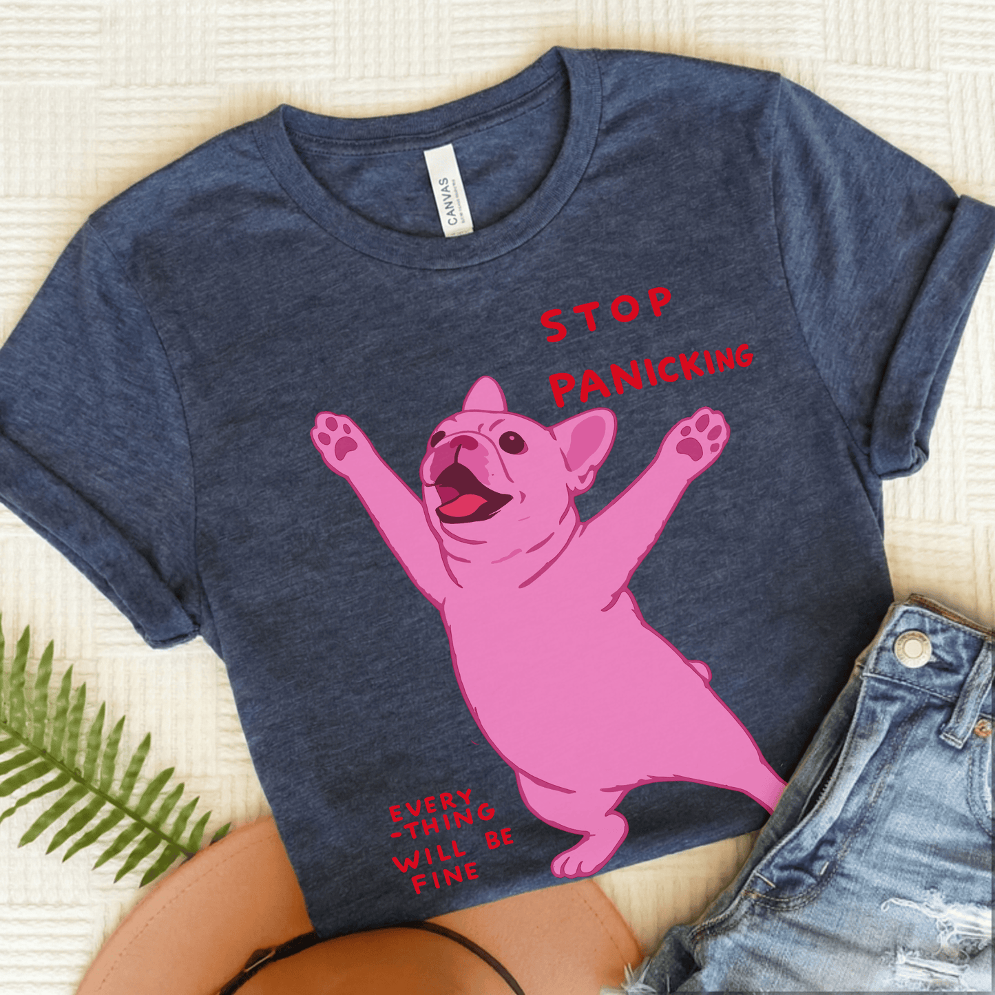 French Bulldog Funny Stop Panicking Unisex TShirt Heather Navy