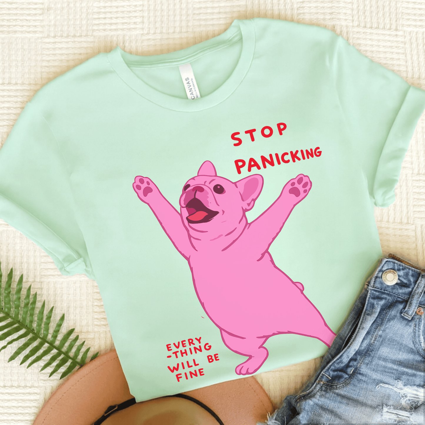 French Bulldog Funny Stop Panicking Unisex TShirt Heather Mint