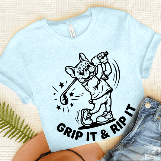 French Bulldog Golfer Grip It Unisex TShirt Heather Ice Blue