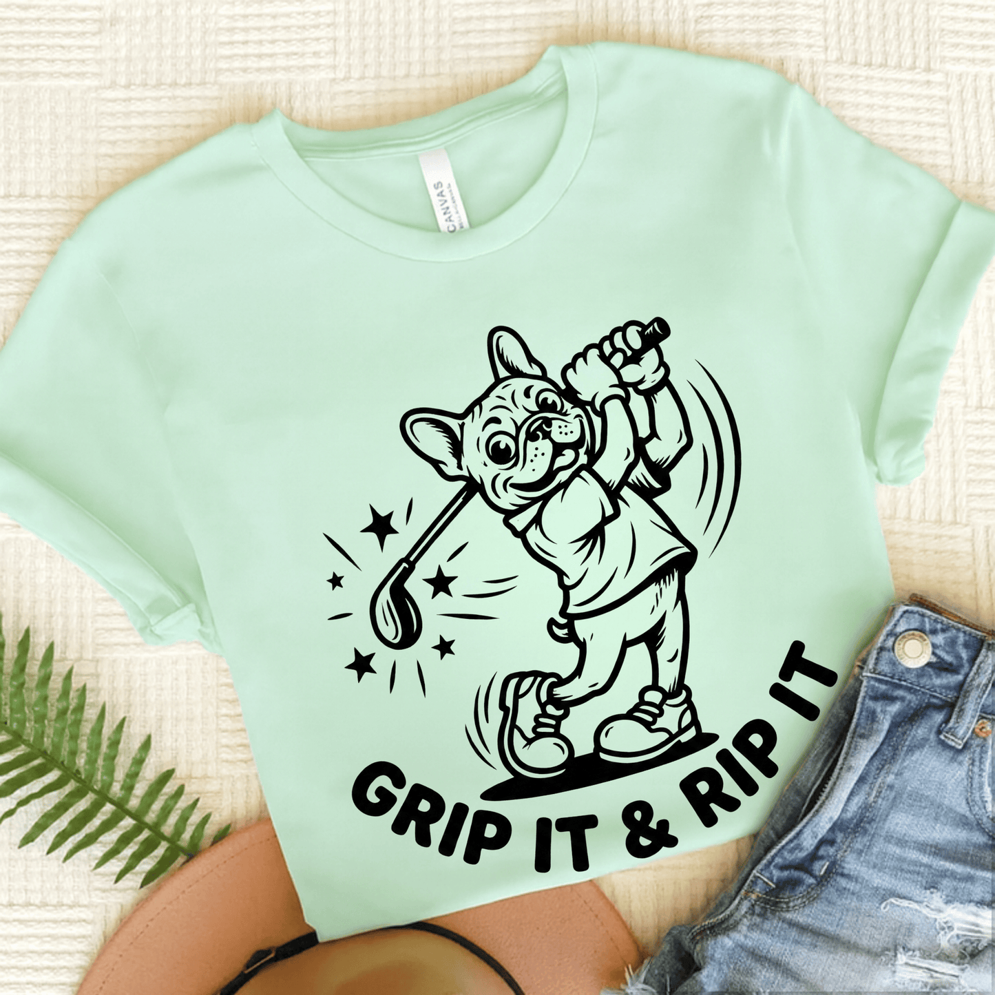 French Bulldog Golfer Grip It Unisex TShirt Heather Mint