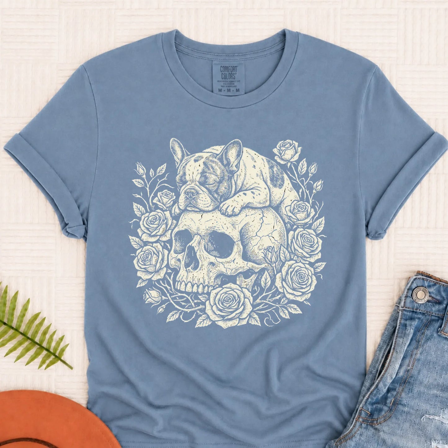 French Bulldog Gothic Memento Mori Unisex TShirt Blue Jean