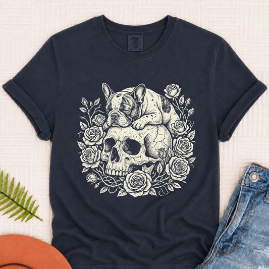 French Bulldog Gothic Memento Mori Unisex TShirt Navy