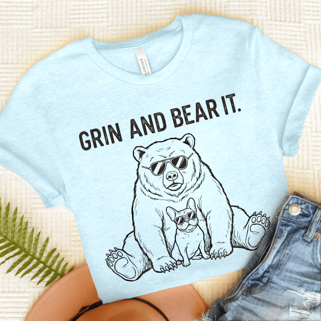 French Bulldog Grin Bear It Unisex TShirt Heather Ice Blue