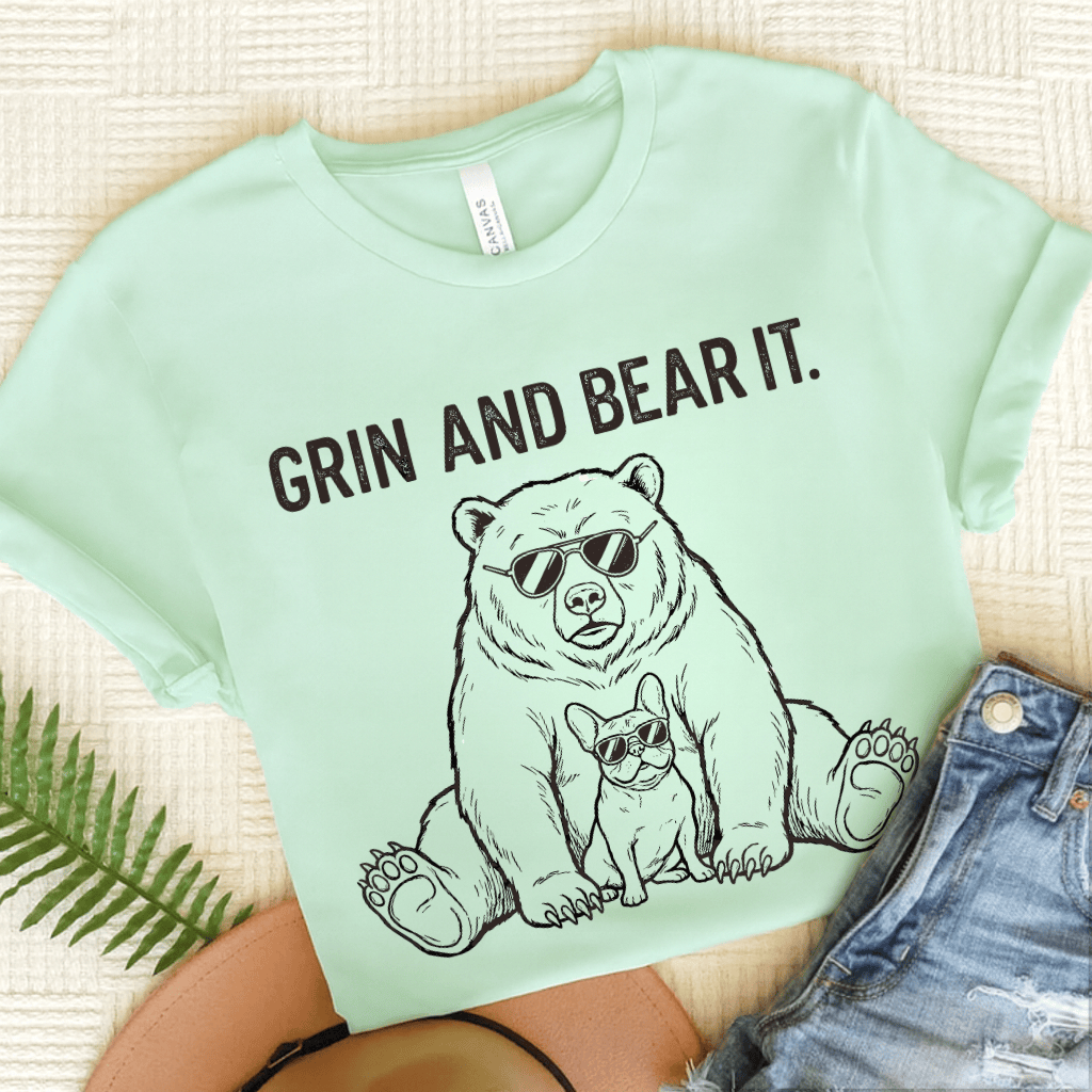 French Bulldog Grin Bear It Unisex TShirt Heather Mint