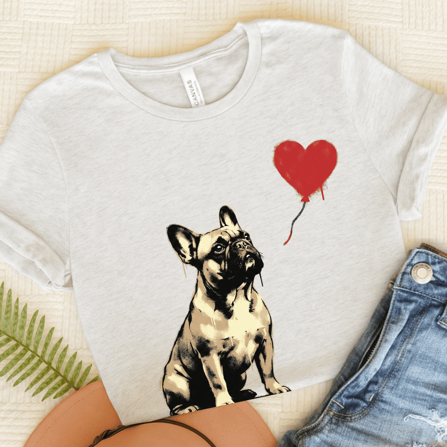 Fawn French Bulldog Heart Graffiti Unisex TShirt Ash