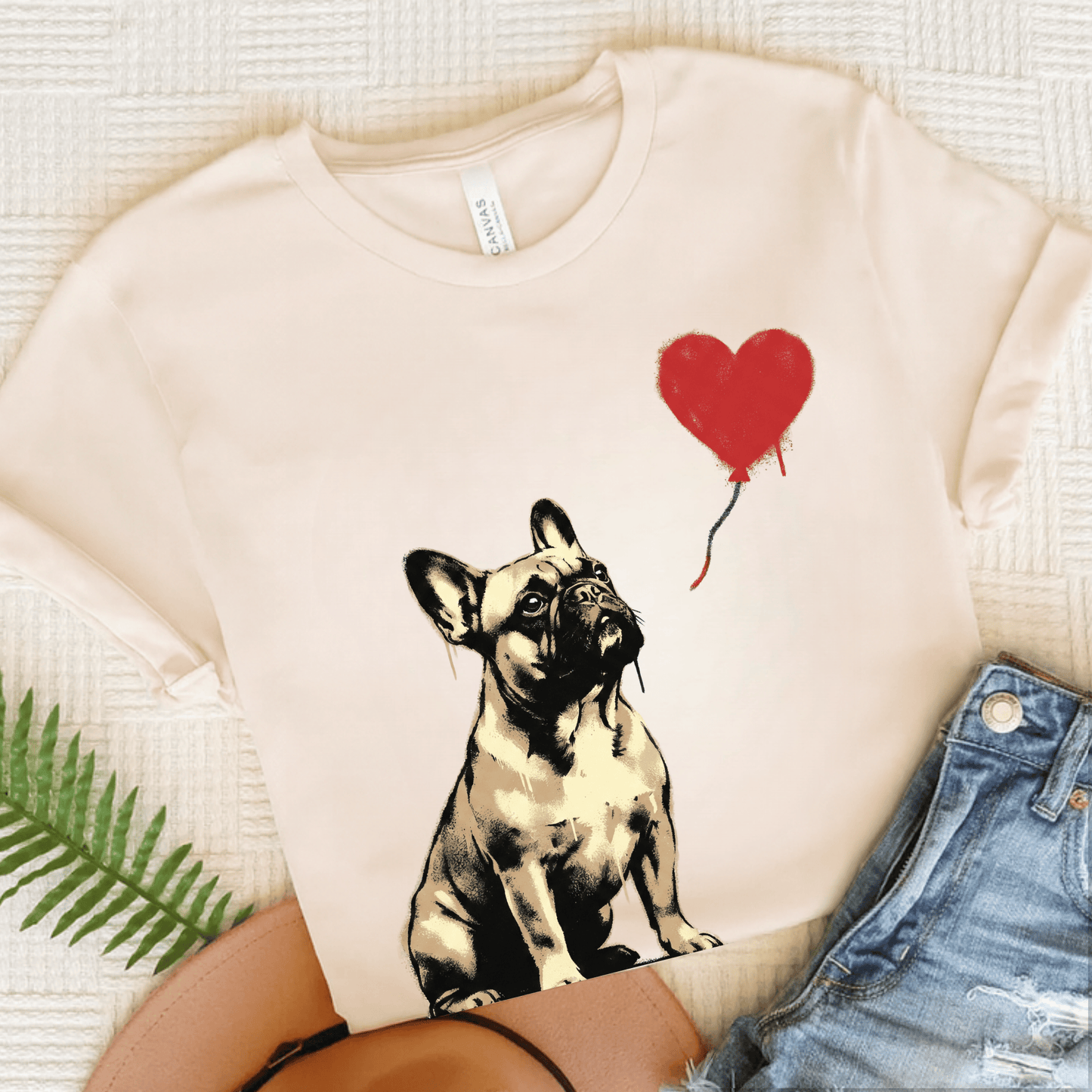 Fawn French Bulldog Heart Graffiti Unisex TShirt Natural