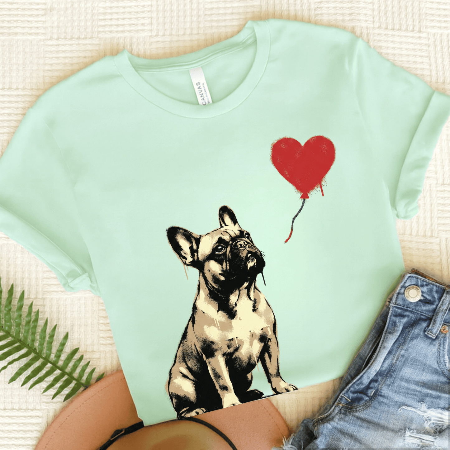 Fawn French Bulldog Heart Graffiti Unisex TShirt Heather Mint