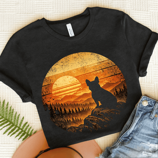 French Bulldog Hiking Sunset Unisex TShirt Dark Grey Heather