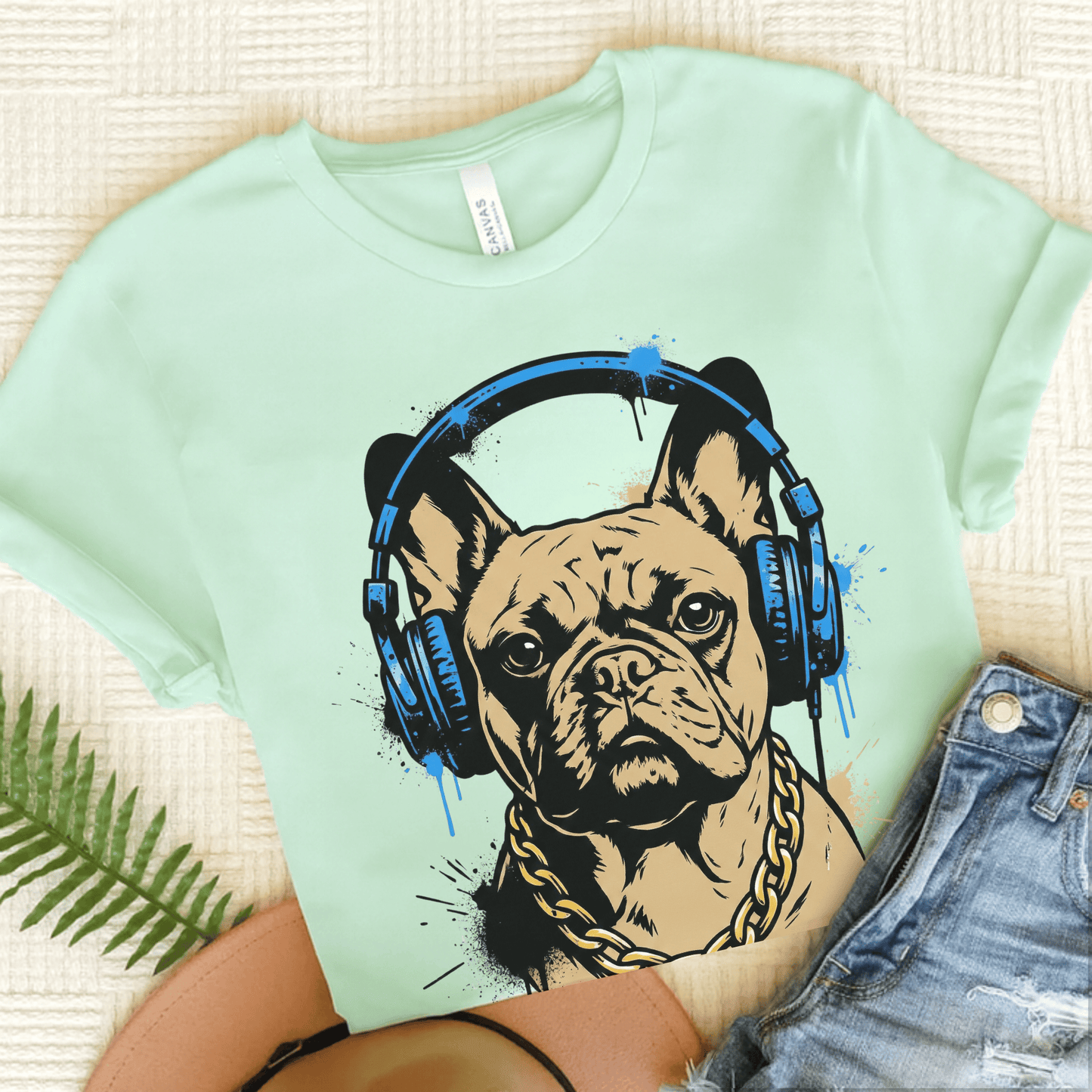 Fawn French Bulldog Hip Hop Music Unisex TShirt Heather Mint