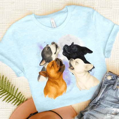 French Bulldog Howling TShirt Heather Ice Blue