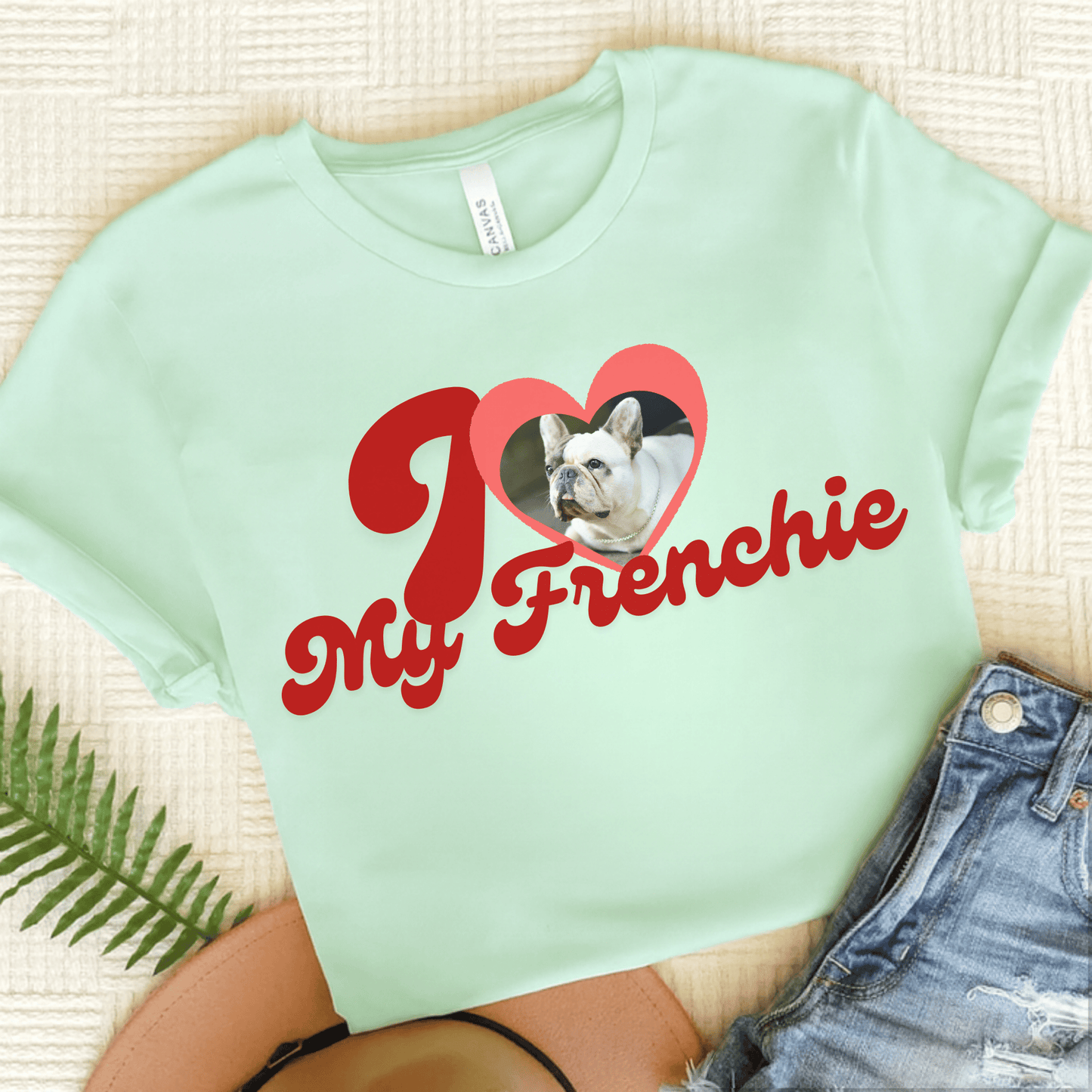French Bulldog I Heart My Valentine Unisex Tshirt Heather Mint