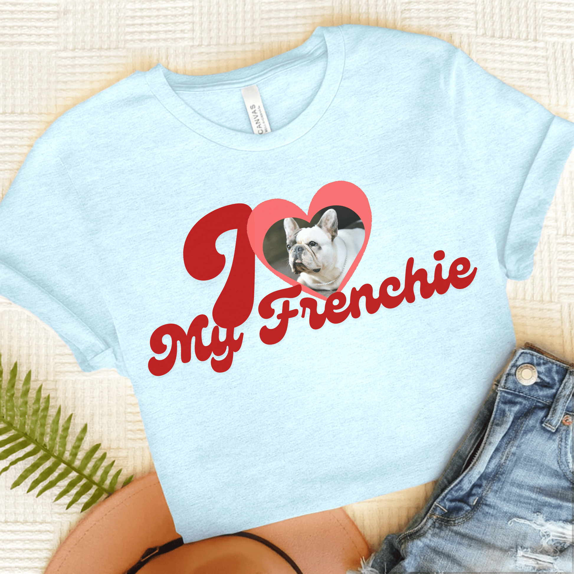 French Bulldog I Heart My Valentine Unisex Tshirt Heather Ice Blue