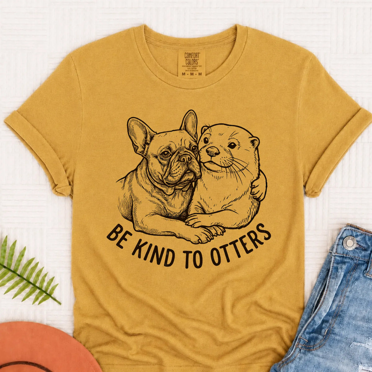 French Bulldog Kind to Otters Unisex TShirt Mustard