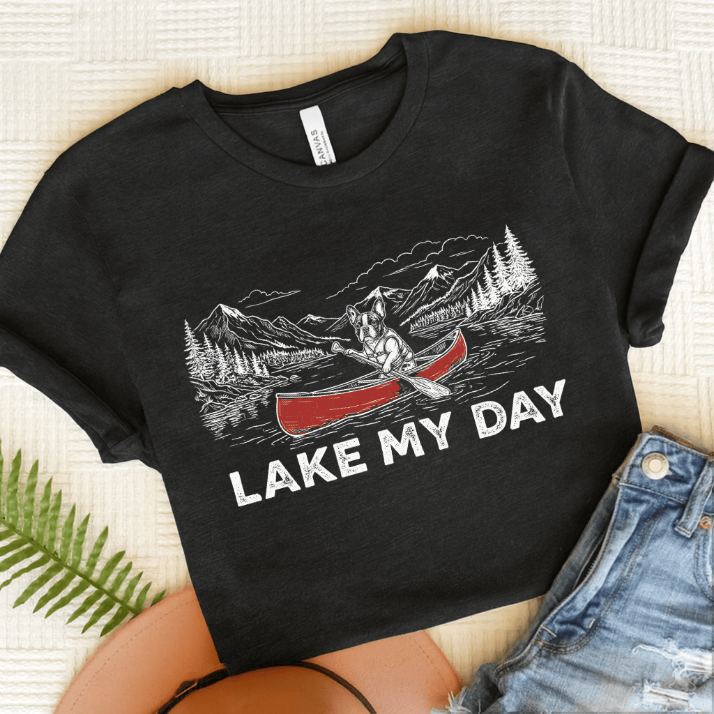 French Bulldog Lake Canoe Paddling Unisex TShirt Dark Grey Heather