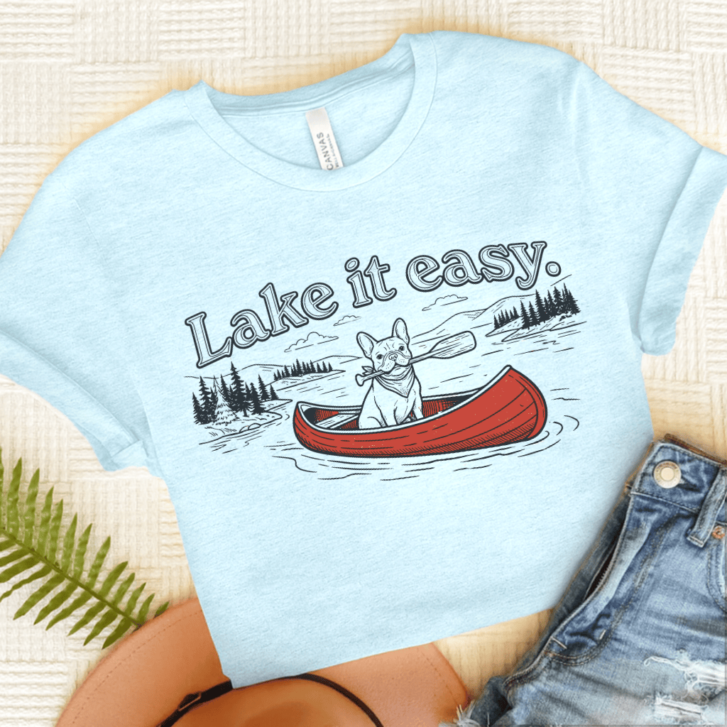 French Bulldog Lake It Easy Unisex TShirt Heather Ice Blue