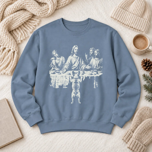 French Bulldog Last Supper Unisex Sweatshirt Blue Jean