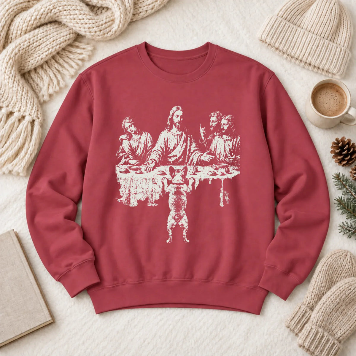 French Bulldog Last Supper Unisex Sweatshirt Crimson