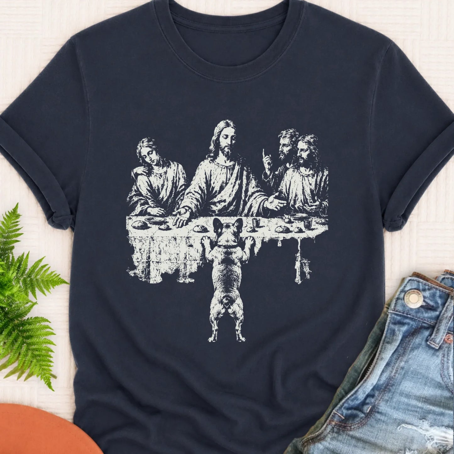 French Bulldog Last Supper Unisex TShirt Navy
