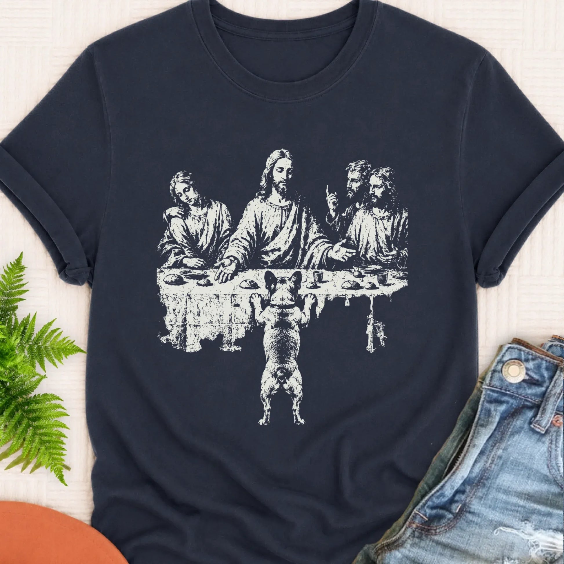 French Bulldog Last Supper Unisex TShirt Navy