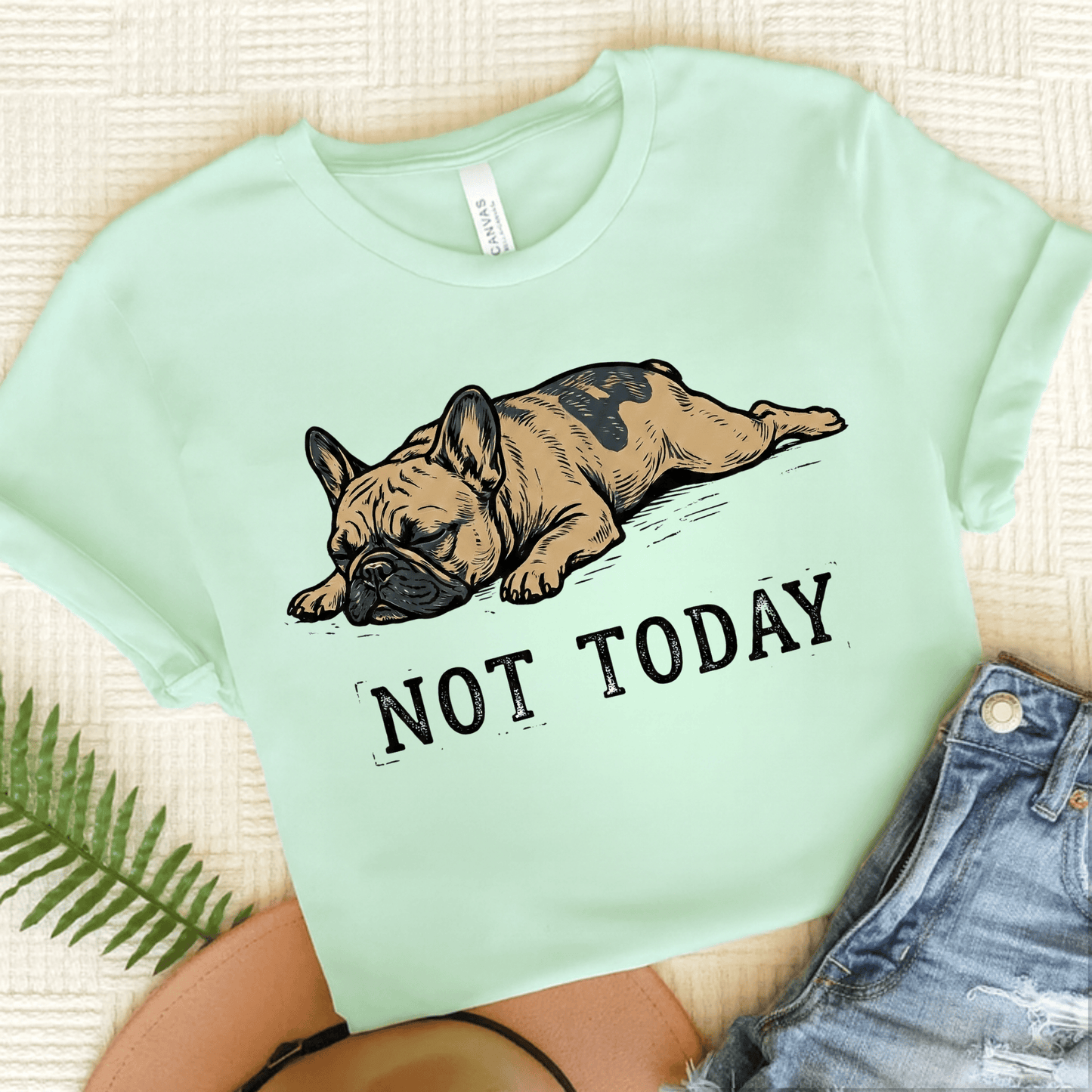 Fawn Frenchie Lazy Not Today Unisex TShirt Heather Mint