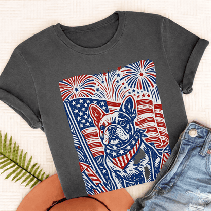French Bulldog Linocut 4th of July USA Unisex TShirt Pepper