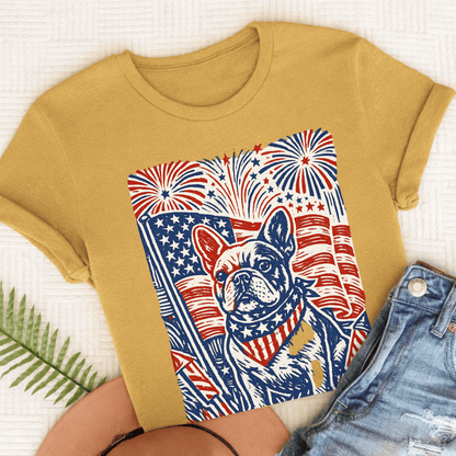 French Bulldog Linocut 4th of July USA Unisex TShirt