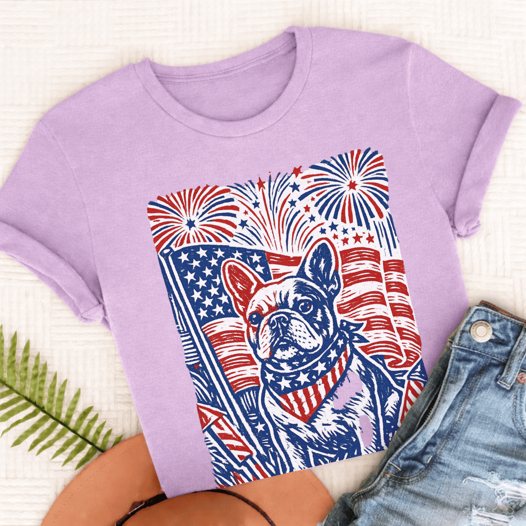 French Bulldog Linocut 4th of July USA Unisex TShirt Orchid