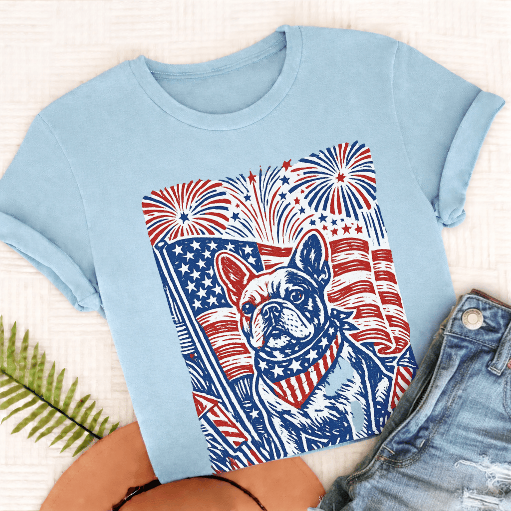 French Bulldog Linocut 4th of July USA Unisex TShirt Chambray