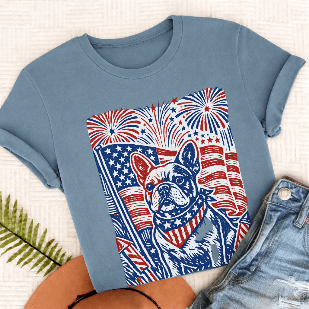 French Bulldog Linocut 4th of July USA Unisex TShirt Blue Jean
