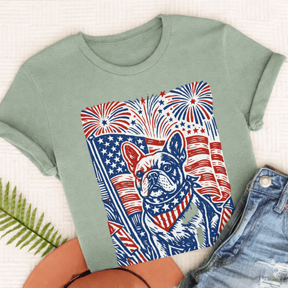 French Bulldog Linocut 4th of July USA Unisex TShirt Bay