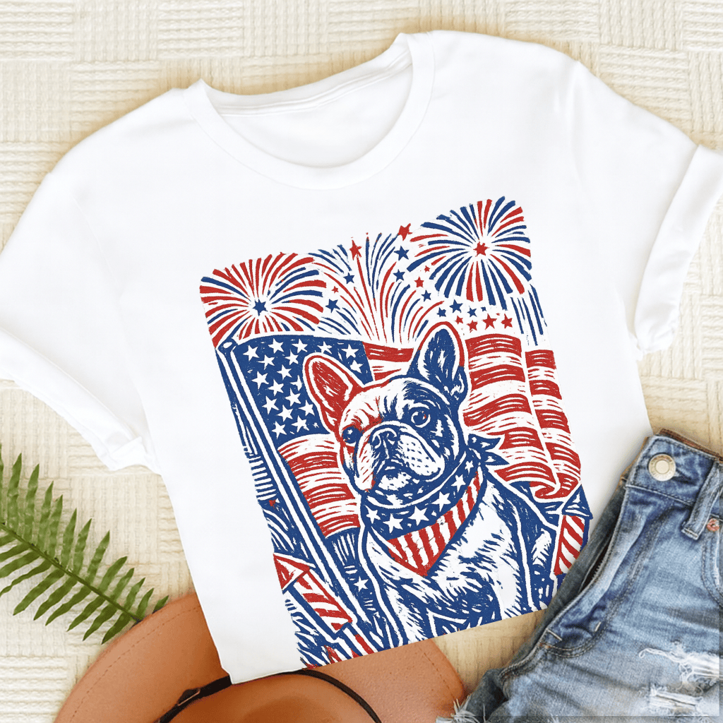 French Bulldog Linocut 4th of July USA Unisex TShirt White