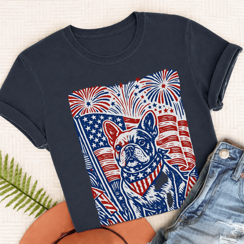 French Bulldog Linocut 4th of July USA Unisex TShirt Navy