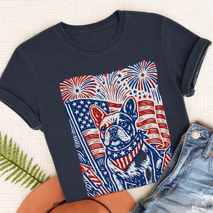 French Bulldog Linocut 4th of July USA Unisex TShirt Navy