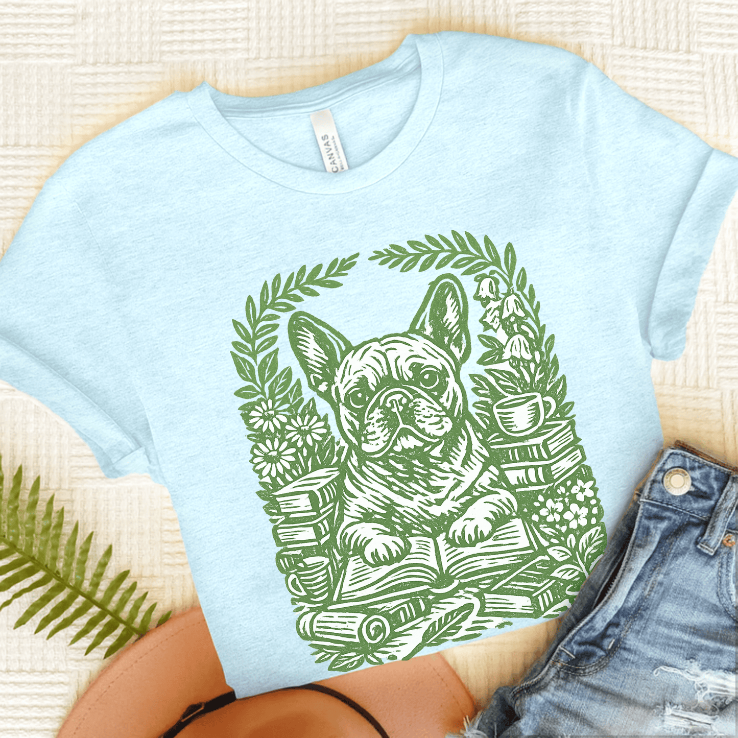 French Bulldog Linocut Bookclub Unisex TShirt Heather Ice Blue
